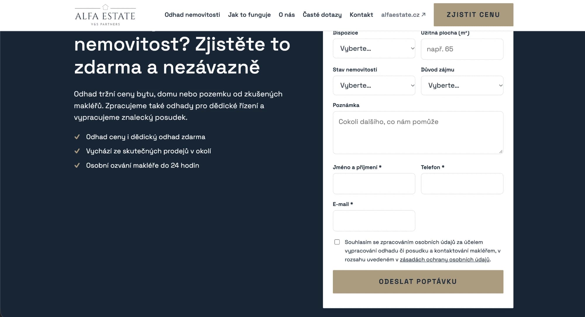 Formulář pro odhad ceny nemovitosti