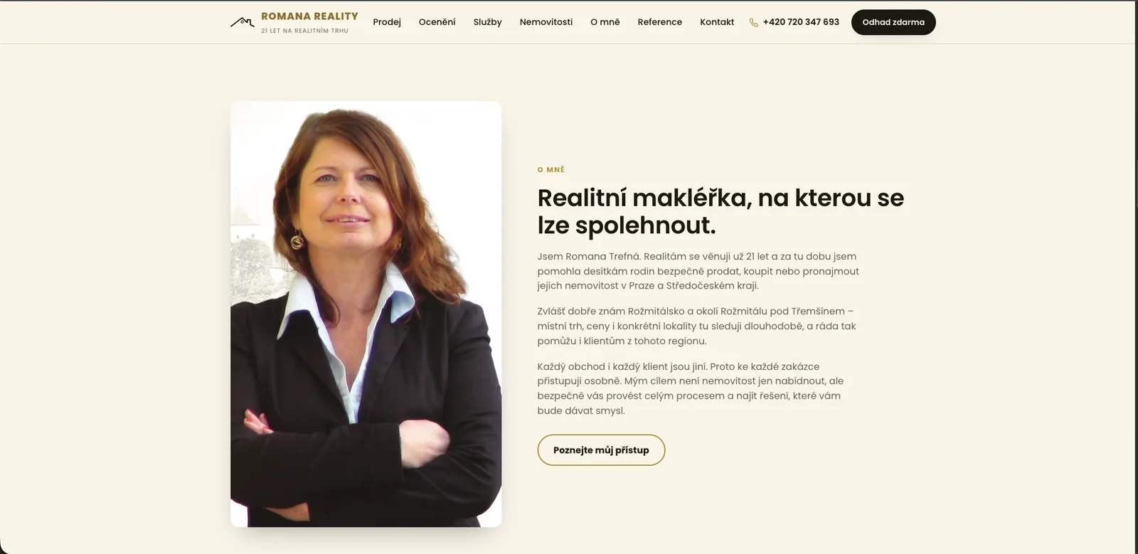 Sekce O mně s fotografií makléřky